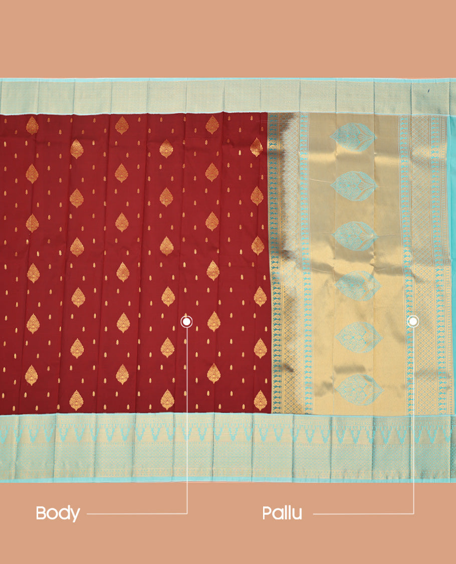 Brown Budget Silk Saree, Gleamed up with Zari Buttas All Over Its Body, Complemented by Contrast Traditional Zari Designs Woven Border, Grand Jaal Pallu and Paired with a Contrast Blouse