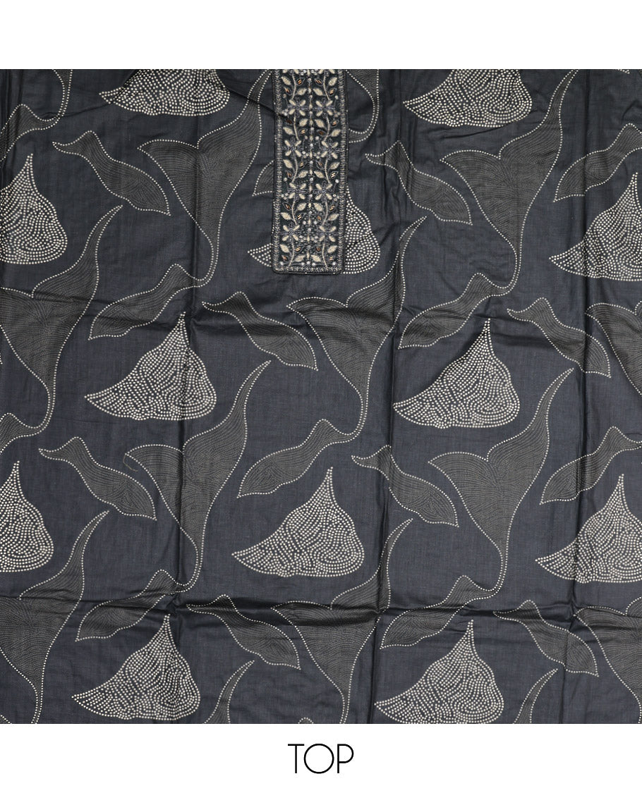 Grey Material Chudidar Set, Detailed with Abstract Print and Neck Embroidered Cotton Top, a Printed Cotton Bottom, and Paired with a Ikkat-Style Geometric Printed Cotton Dupatta