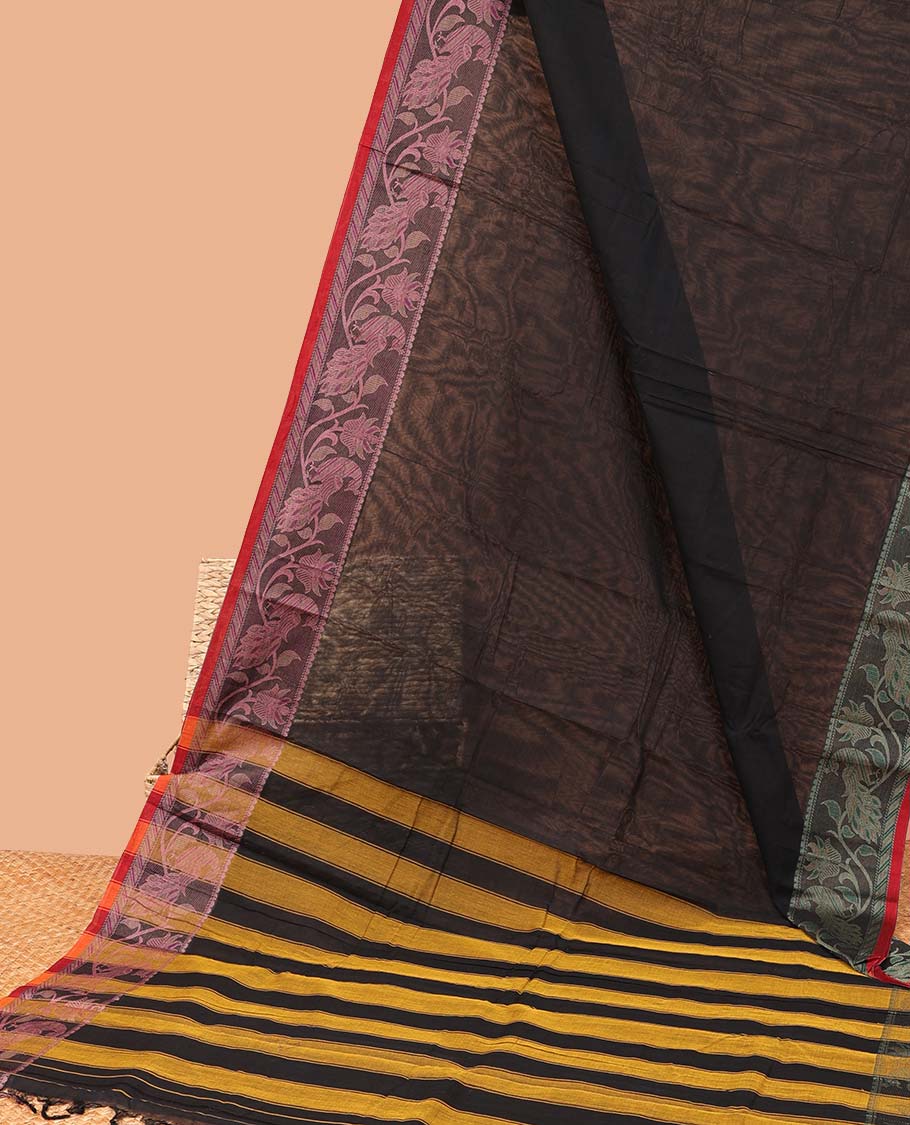 Black plain design Narayanapet cotton saree, contrast ganga jamuna leaf creeper border & striped pallu