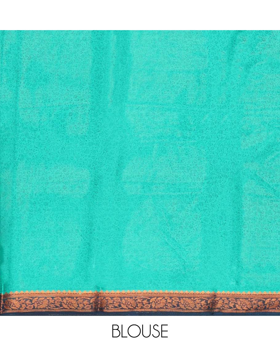 Blue paisley printed semi-banaras printed saree, contrast floral border & intricate pallu