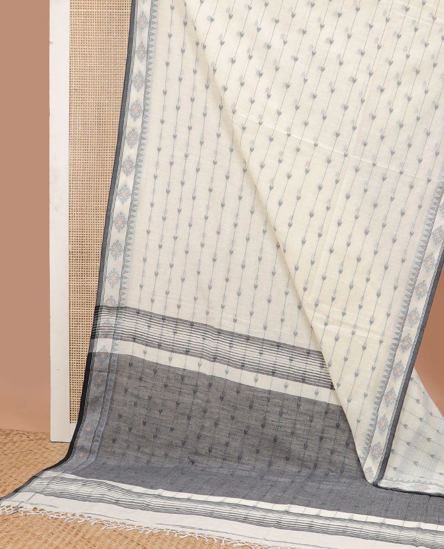 White striped, arrow design ikkat cotton saree with self floral design border & striped pallu
