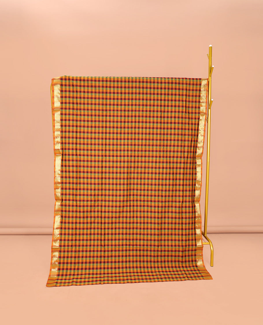 Multi-Color Medium-Checked Poly Cotton Saree, Highlighted by Zari Border, Pallu of Stripes, and Paired with a Contrast Blouse