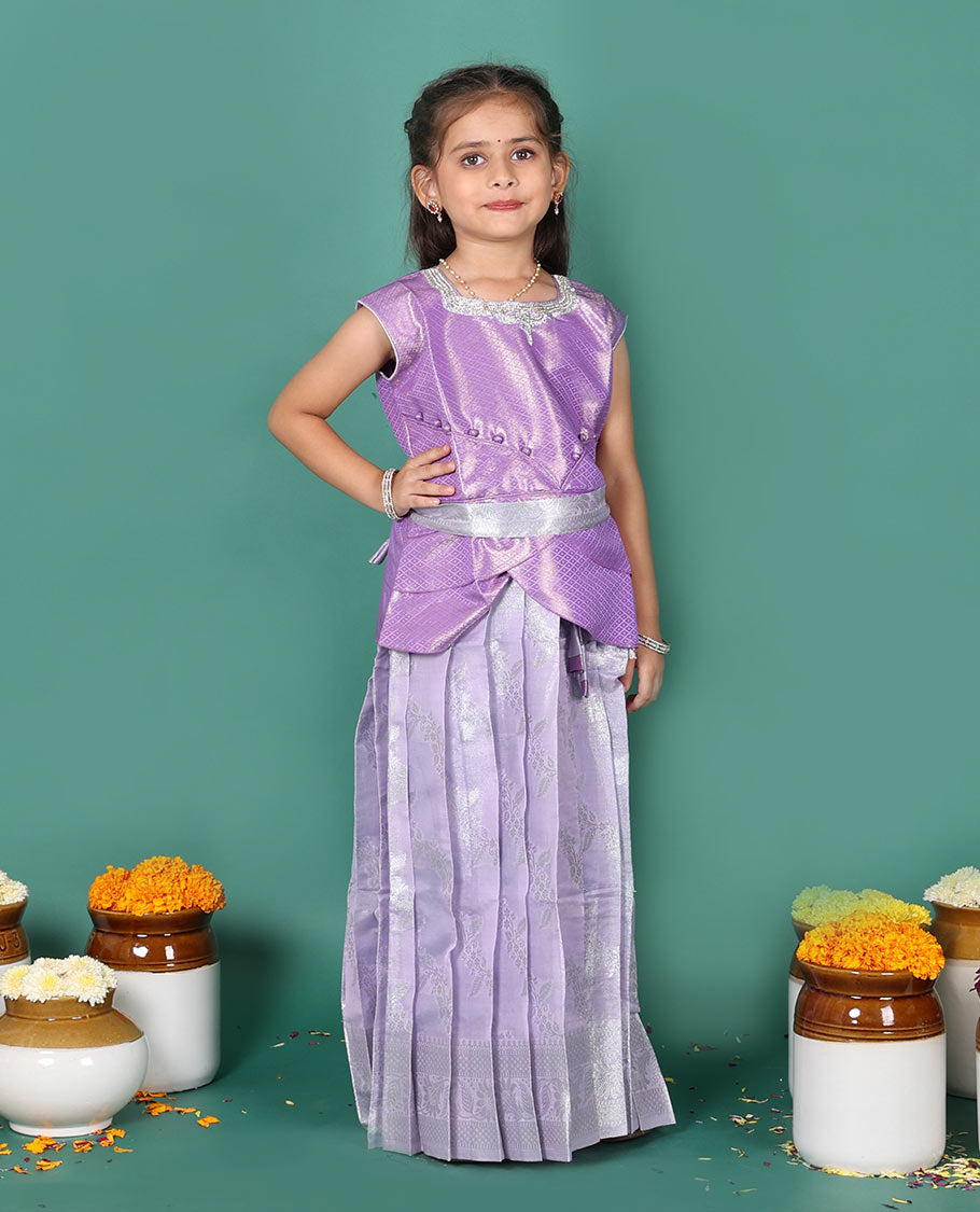 Lavender readymade art silk pavadai set, jacquard with traditional zari border skirt, and jacquard embroidered half saree blouse with belt