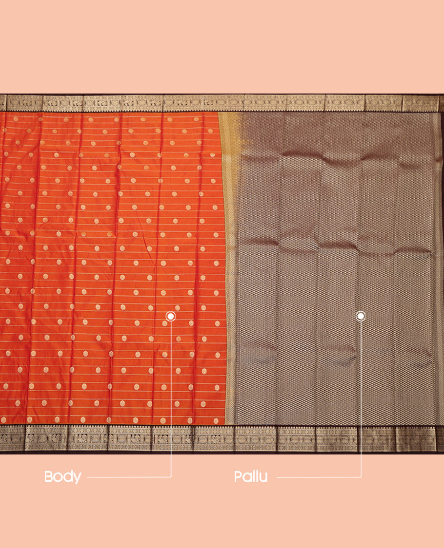 Orange Budget Silk Saree, Detailed with Buttas and Stripes, Complemented by Contrast Traditional Border, Grand Pallu and a Contrast Blouse