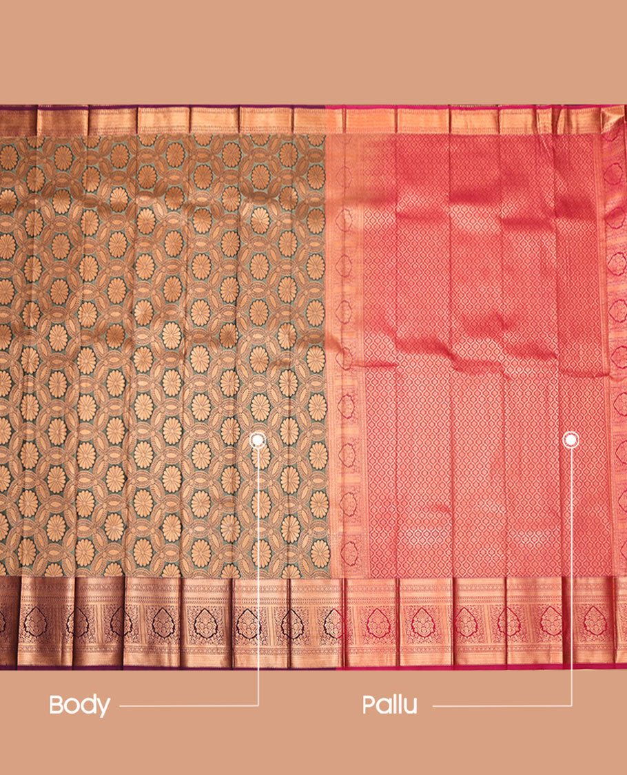 Grey Budget Silk Saree, Opulently Embellished with Jacquard Design, Complemented by a Contrast Traditional Zari Border, Jaal Pallu, and a Contrast Blouse