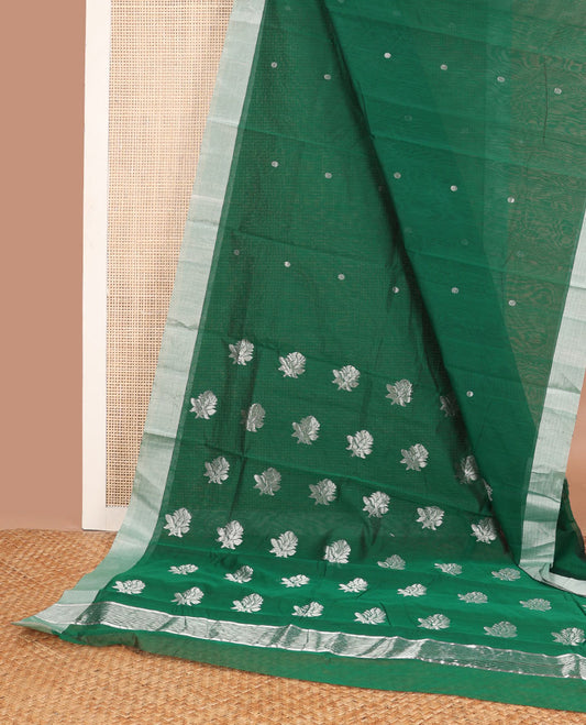 Green floral motifs chanderi cotton saree with contrast zari border & striped pallu