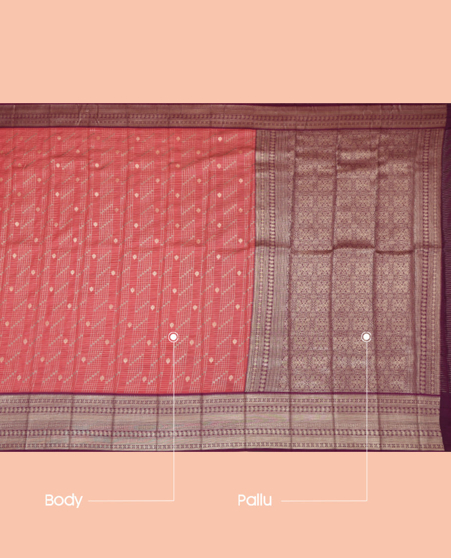 Red Litchi Saree, Woven with Zari Buttas and Checks, a Contrast Traditional Zari Design Border, Grand Pallu, and a Contrast Blouse