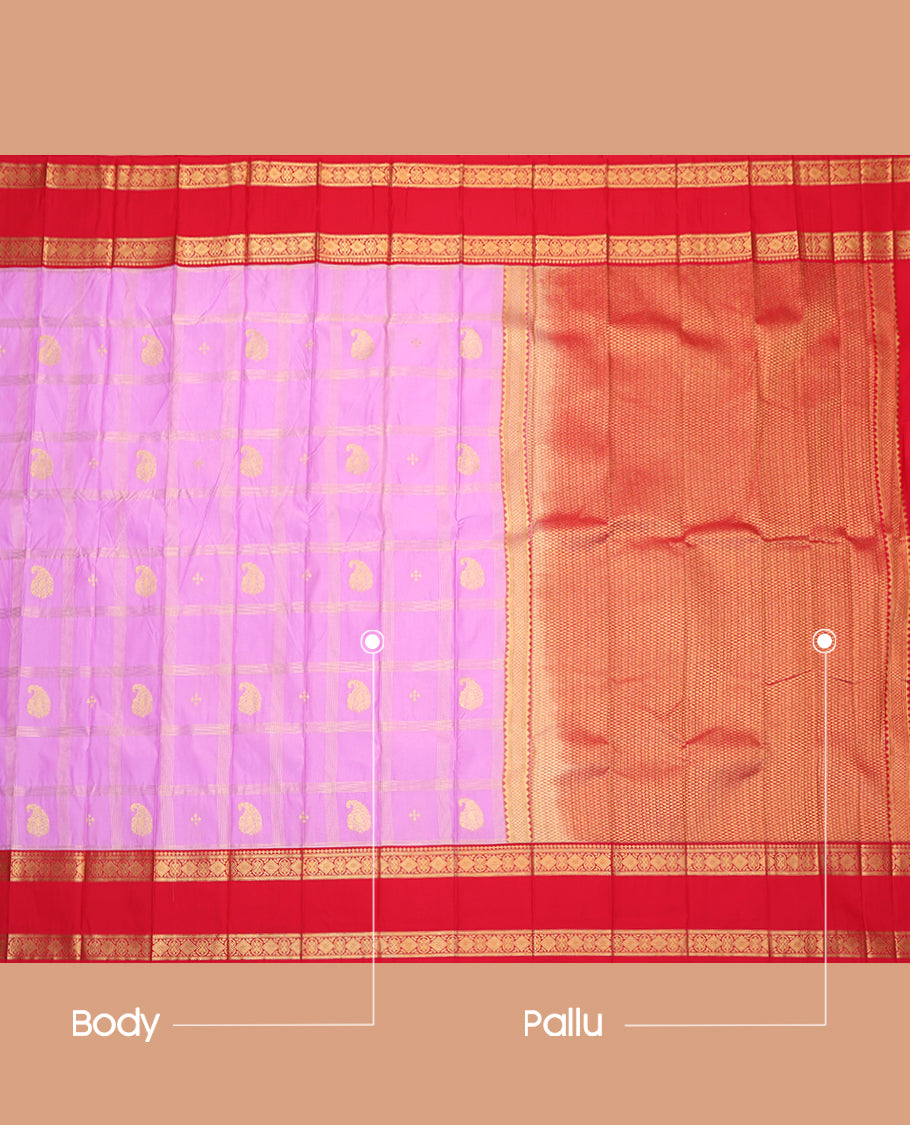 Lavender Budget Silk Saree, Crafted with Zari Buttas and Checks, Complemented by a Contrast Traditional Rettai Pettu Zari Border, Grand Pallu, and Contrast Blouse