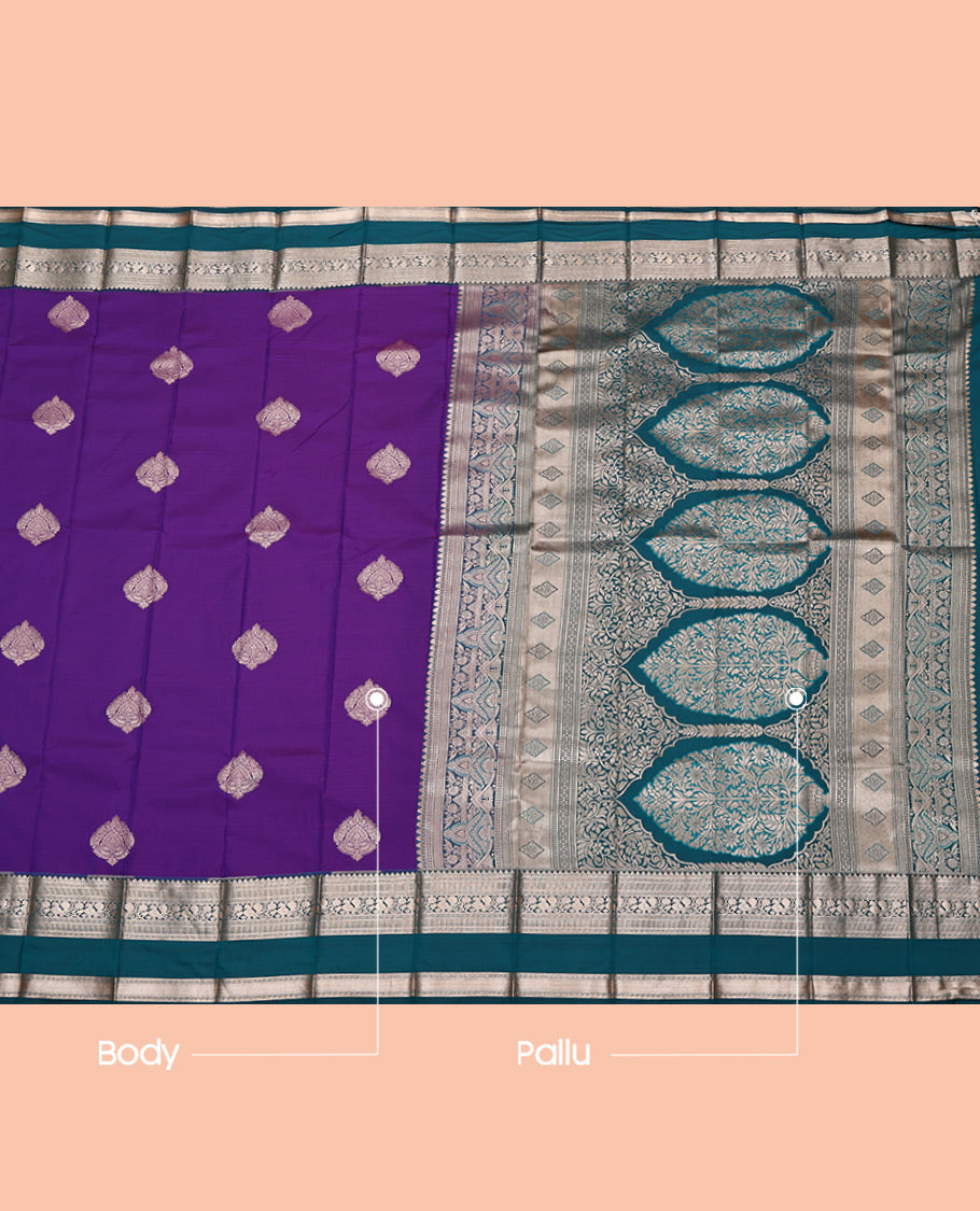 Violet Budget Silk Saree, Bedecked with Zari Buttas All Over Its Body, Complemented by a Contrast Traditional Zari Design Rettai Pettu Border, Intricate Pallu, and Paired with a Contrast Blouse