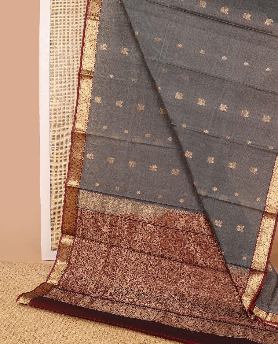 Grey motifs silk cotton saree with intricate zari design border & floral design pallu