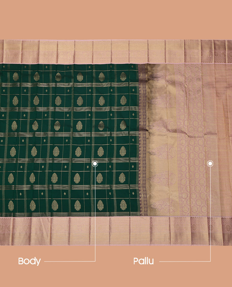 Green Budget Silk Saree, Steeped in Richness of Zari Butta Enclosed Checks on Its Body, Complemented by a Contrast Traditional Zari Design Border, Intricately Designed Pallu, and Paired with a Contrast Blouse