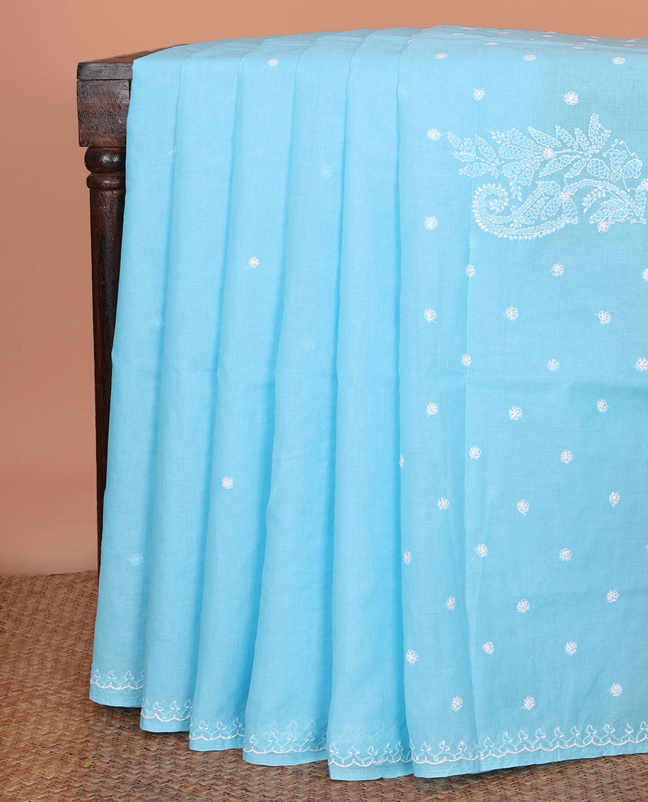Blue Lucknowi Chikankari Cotton Saree, Subtly Enriched with Motifs Embroidery on Its Body, Subtle Embroidery Border, Pallu of Floral Embroidery, and Comes Without a Blouse