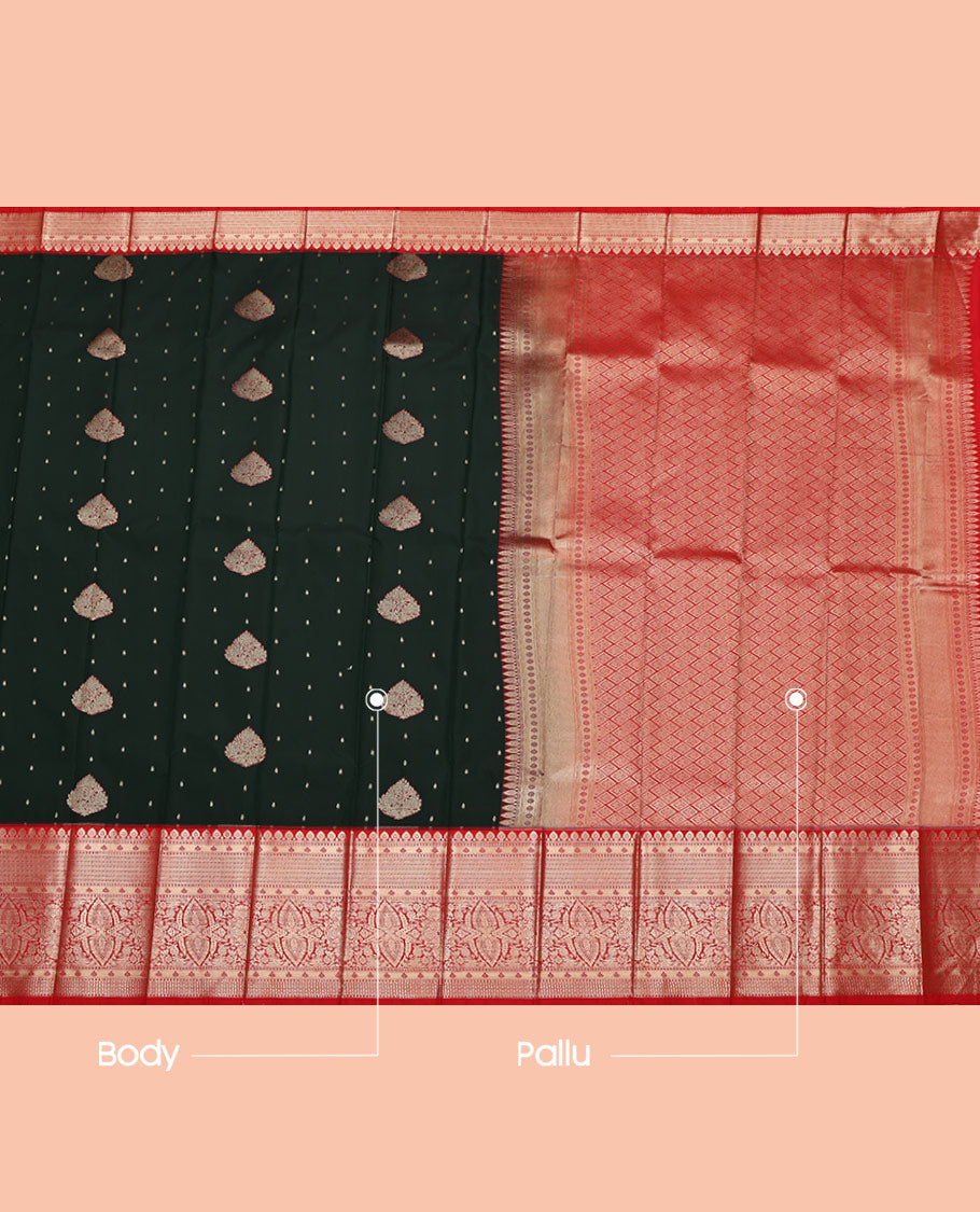Deep Green Budget Silk Saree, Beautified with Zari Buttas on Its Body, Complemented by a Contrast Traditional Zari Design Border, Grand Jaal Pallu, and Paired with a Contrast Blouse