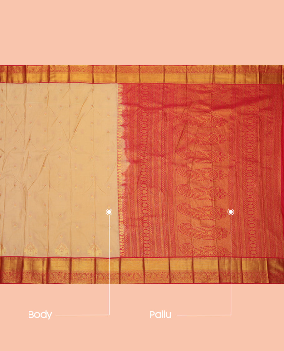 Sandal Budget Silk Saree, Woven with Zari Buttas, a Contrast Traditional Zari Border, Grand Pallu, and a Contrast Blouse
