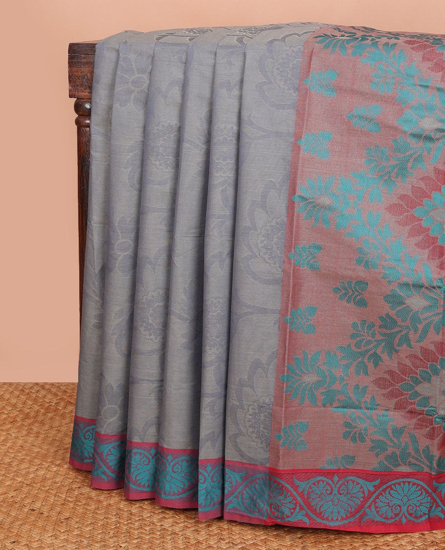 Grey floral design Combatiore cotton saree, contrast floral border & pallu of floral designs