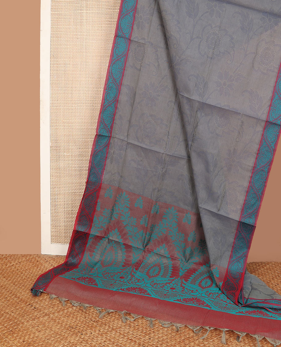 Grey floral design Combatiore cotton saree, contrast floral border & pallu of floral designs