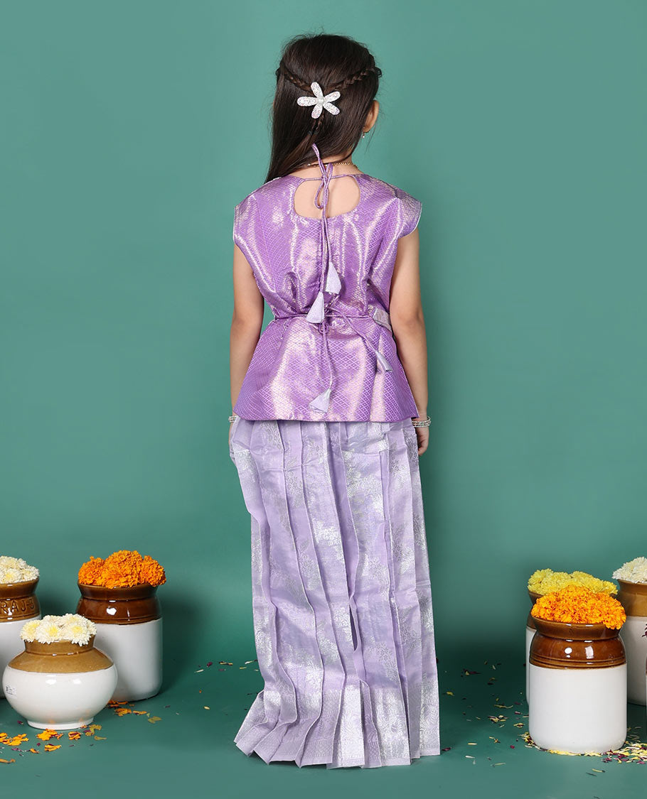 Lavender readymade art silk pavadai set, jacquard with traditional zari border skirt, and jacquard embroidered half saree blouse with belt