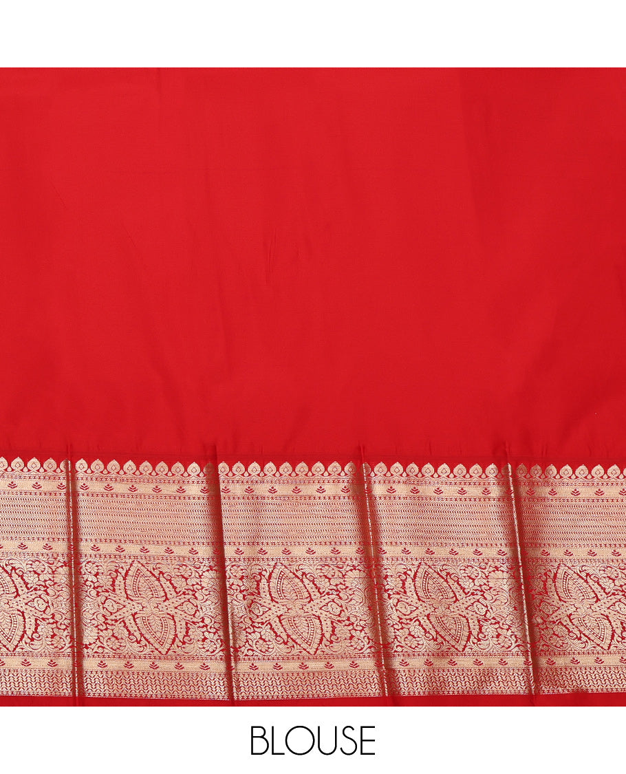Deep Green Budget Silk Saree, Beautified with Zari Buttas on Its Body, Complemented by a Contrast Traditional Zari Design Border, Grand Jaal Pallu, and Paired with a Contrast Blouse