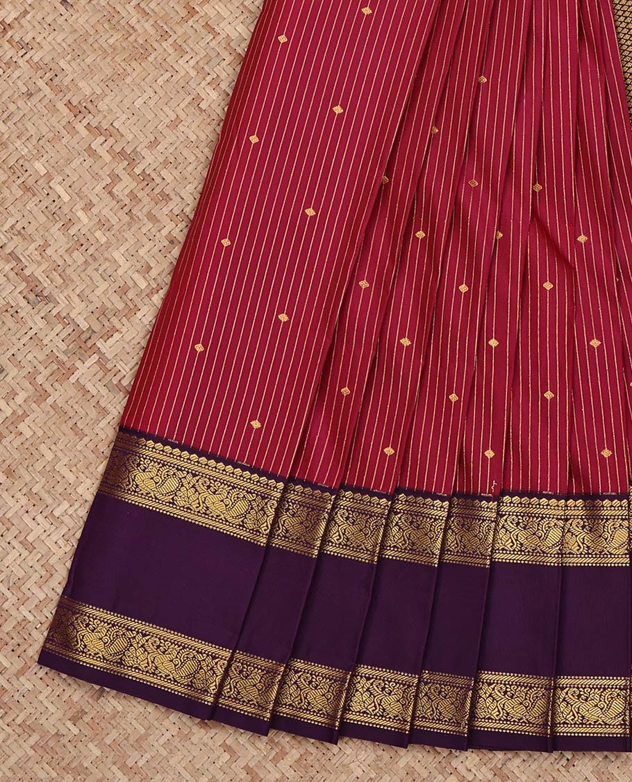 Red Budget Silk Saree, Bedecked with Zari Buttas and Stripes on Its Body, Complemented by a Contrast Traditional Zari Design Rettai Pettu Border, Grand Jaal Pallu, and Paired with a Contrast Blouse