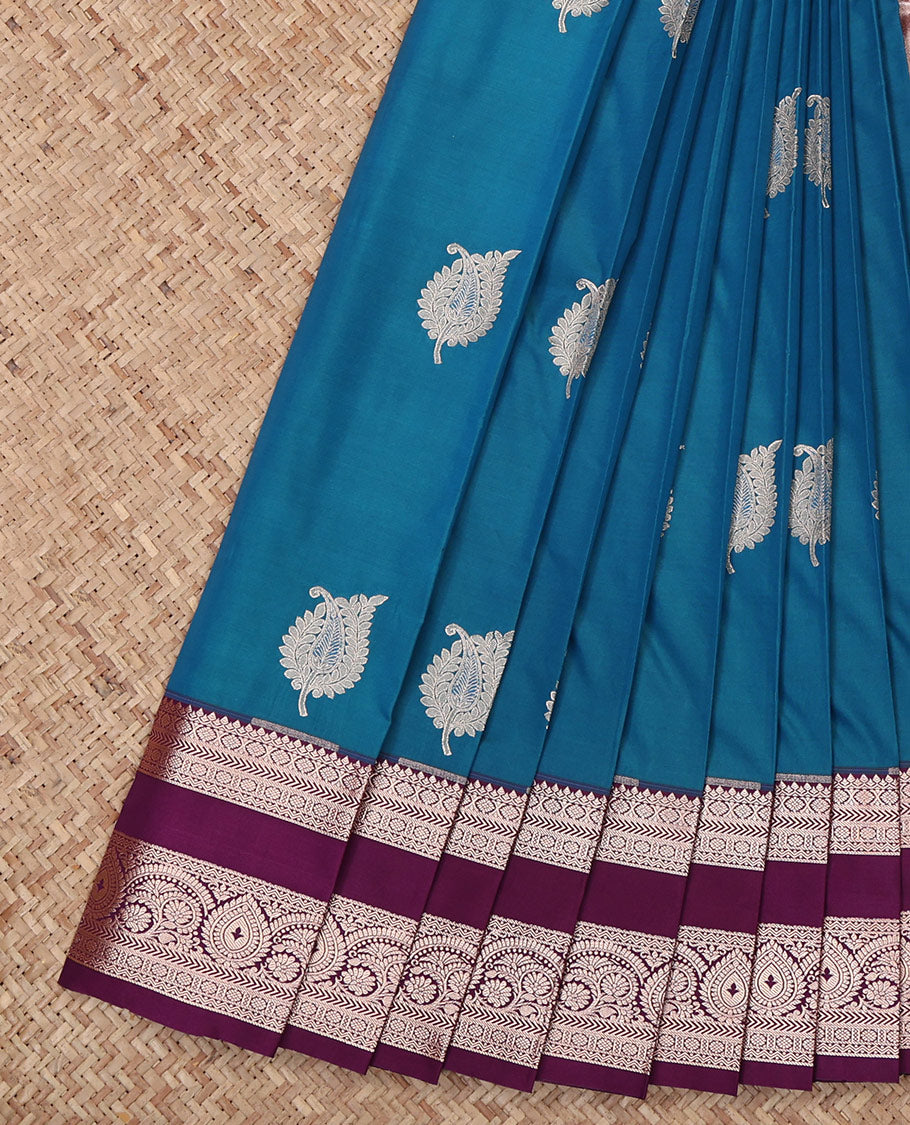 Blue Budget Silk Saree, Featuring Zari Buttas All Over Its Body, Complemented by a Contrast Traditional Zari Design Border, Intricately Designed Pallu, and Paired with a Contrast Blouse