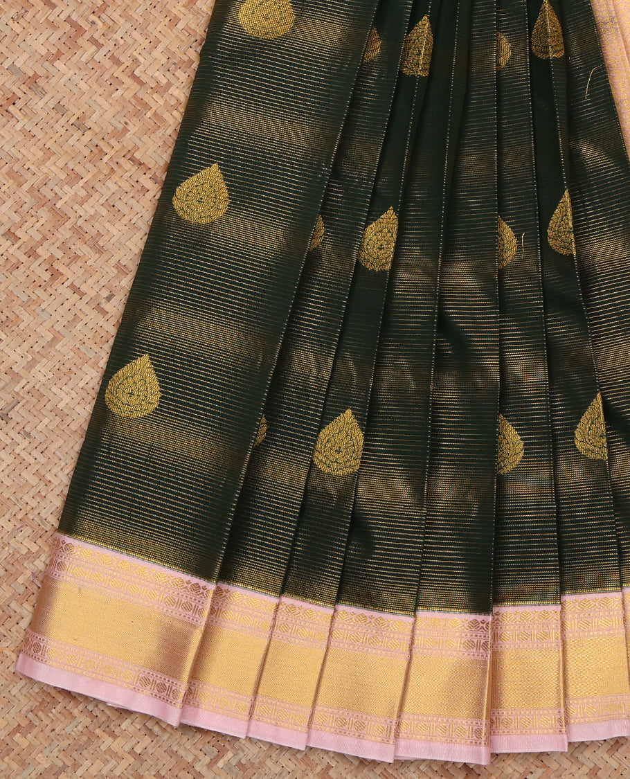 Green Budget Silk Saree, Detailed with Zari Buttas and Stripes, a Contrast Traditional Zari Border, Grand Pallu, and a Contrast Blouse