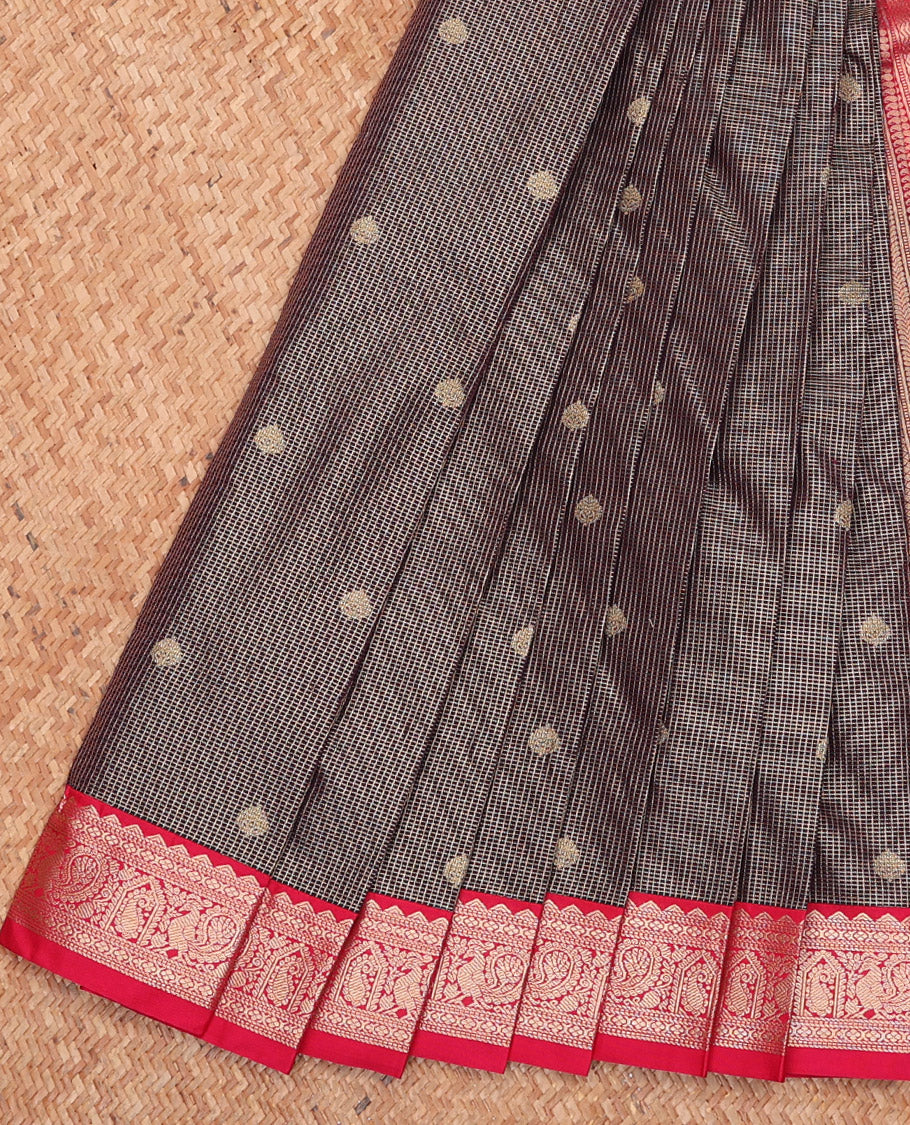 Brown Budget Silk Saree, Boldly Accentuated with Zari Buttas and Checks, Complemented by a Contrast Traditional Zari Border, Geometric Pallu, and Contrast Blouse