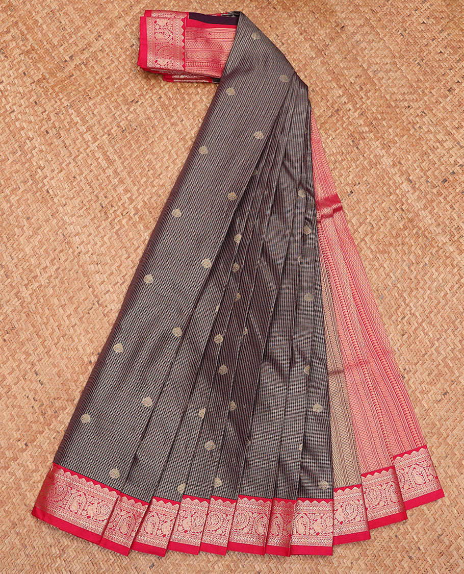 Brown Budget Silk Saree, Boldly Accentuated with Zari Buttas and Checks, Complemented by a Contrast Traditional Zari Border, Geometric Pallu, and Contrast Blouse