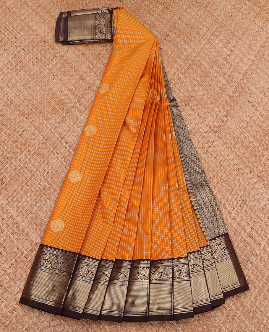 Orange Budget Silk Saree, Detailed with Zari Buttas and Checks, Complemented by a Contrast Traditional Zari Border, Jaal Pallu, and Contrast Blouse