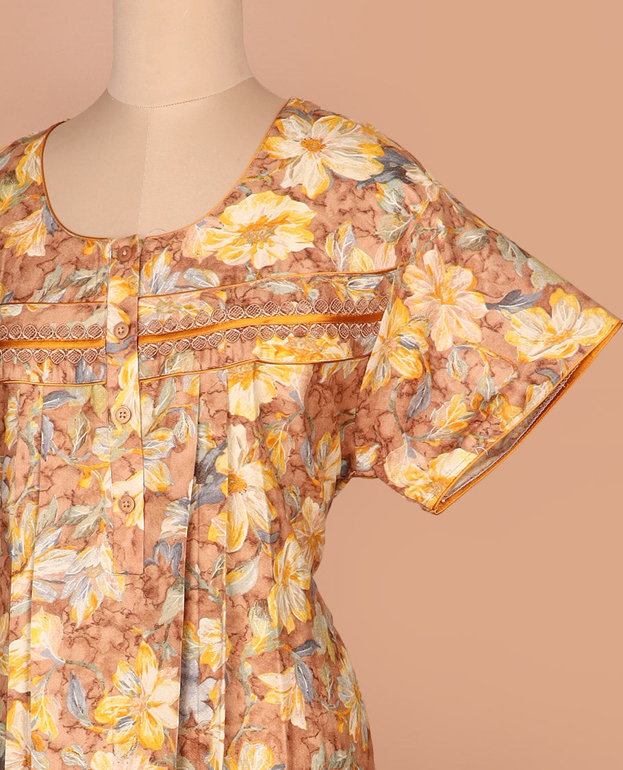 Yellow floral printed with round neck lace embroidered half-sleeve cotton nighty