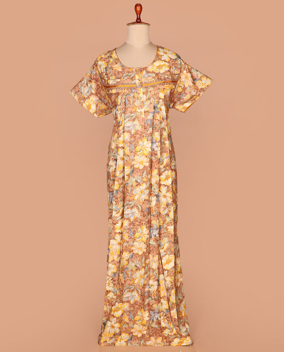 Yellow floral printed with round neck lace embroidered half-sleeve cotton nighty