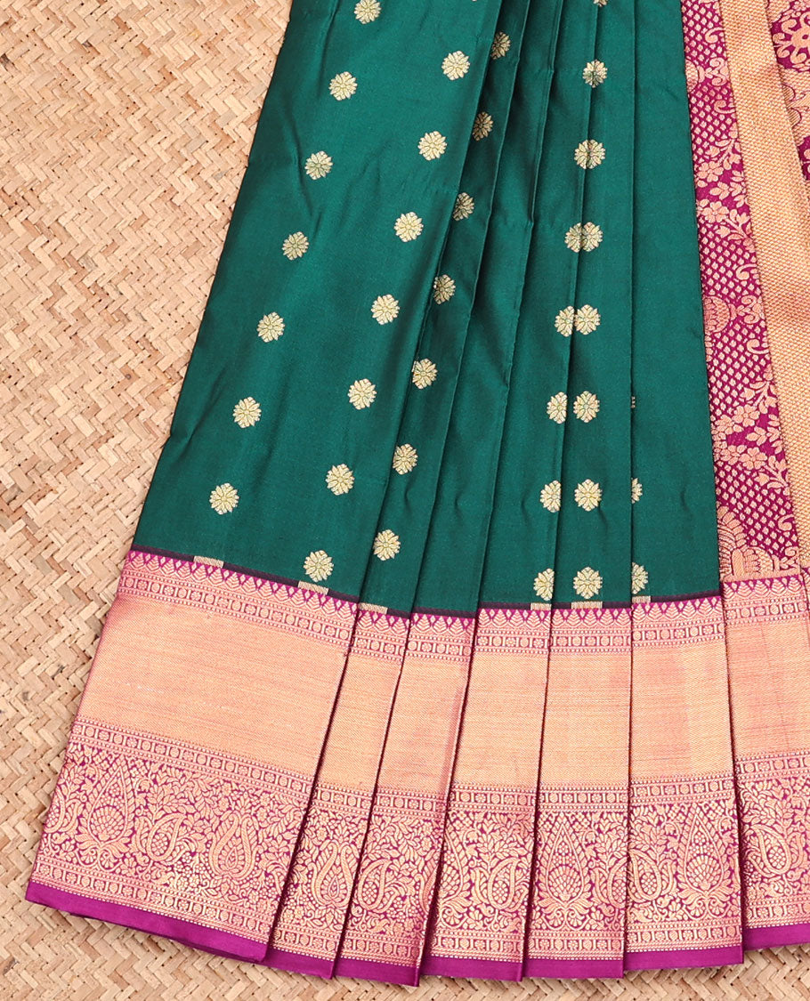Green Budget Silk Saree, Woven with Zari Buttas, Captivating Contrast Traditional Zari Design Border, Pallu of Intricate Design, and Has a Contrast Blouse