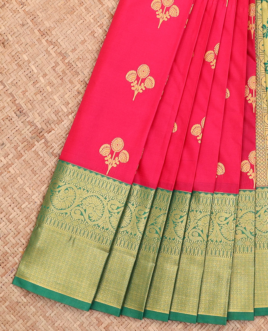 Red Budget Silk Saree, Adorned with Floral Buttas All Over Its Body, Complemented by a Contrast Traditional Zari Design Border, Pallu Steeped with Floral Designs, and Paired with a Contrast Blouse