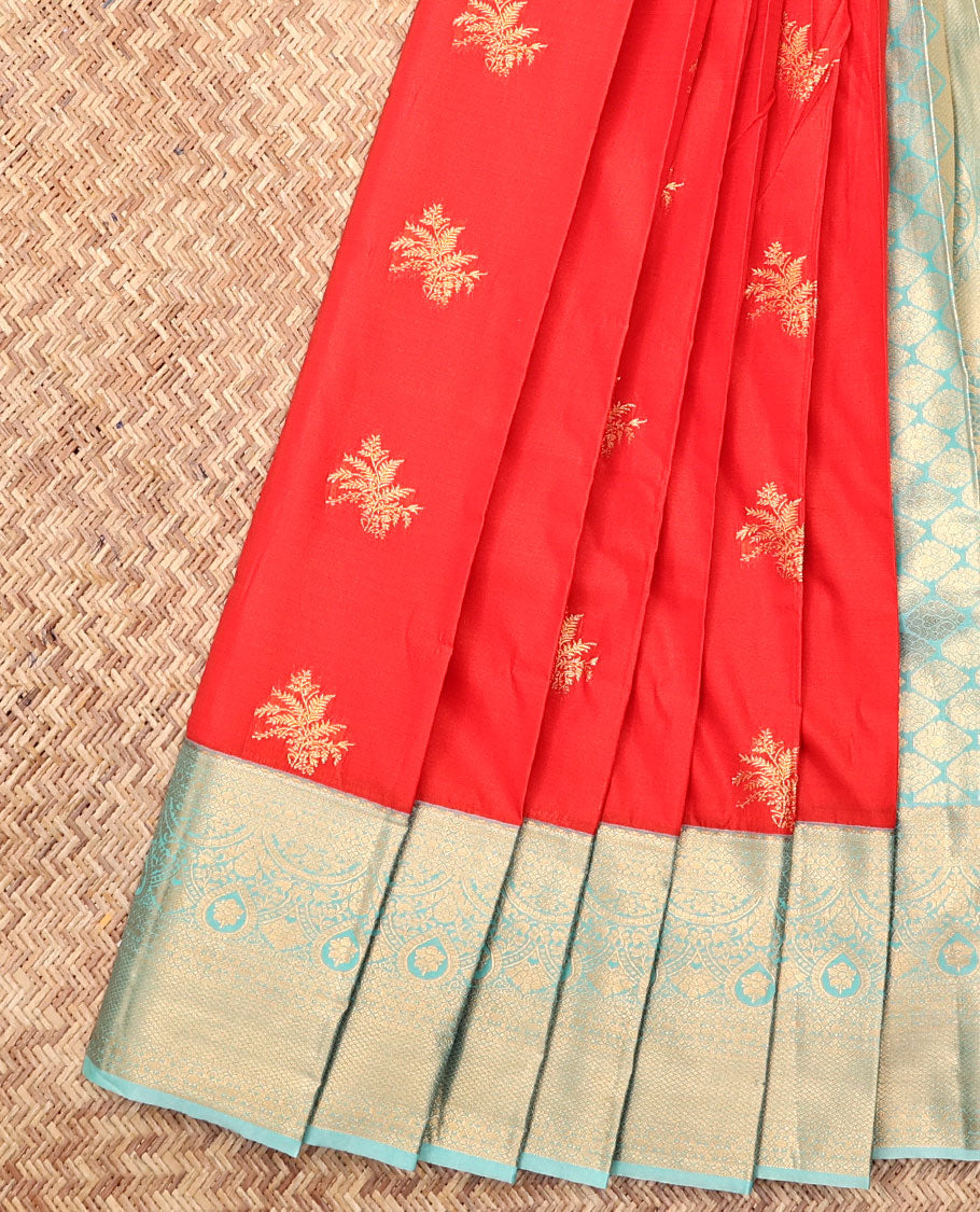 Red Budget Silk Saree, Delicately Woven Zari Buttas, Complemented by Contrast Traditional Zari Border, a Grand Pallu and a Contrast Blouse