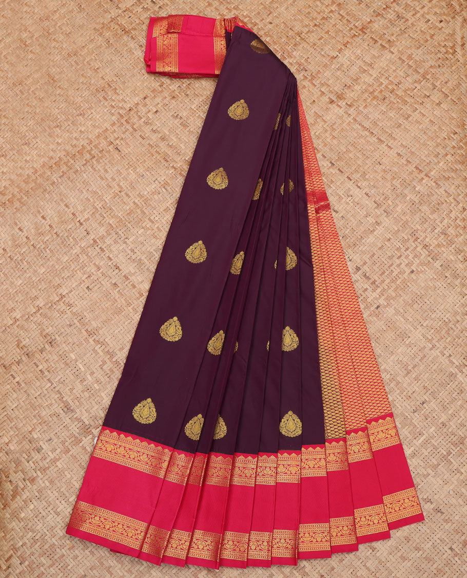 Purple Budget Silk Saree, Embellished with Zari Buttas All Over Its Body, Complemented by a Contrast Traditional Design Rettai Pettu Border, Grand Jaal Pallu, and Paired with a Contrast Blouse