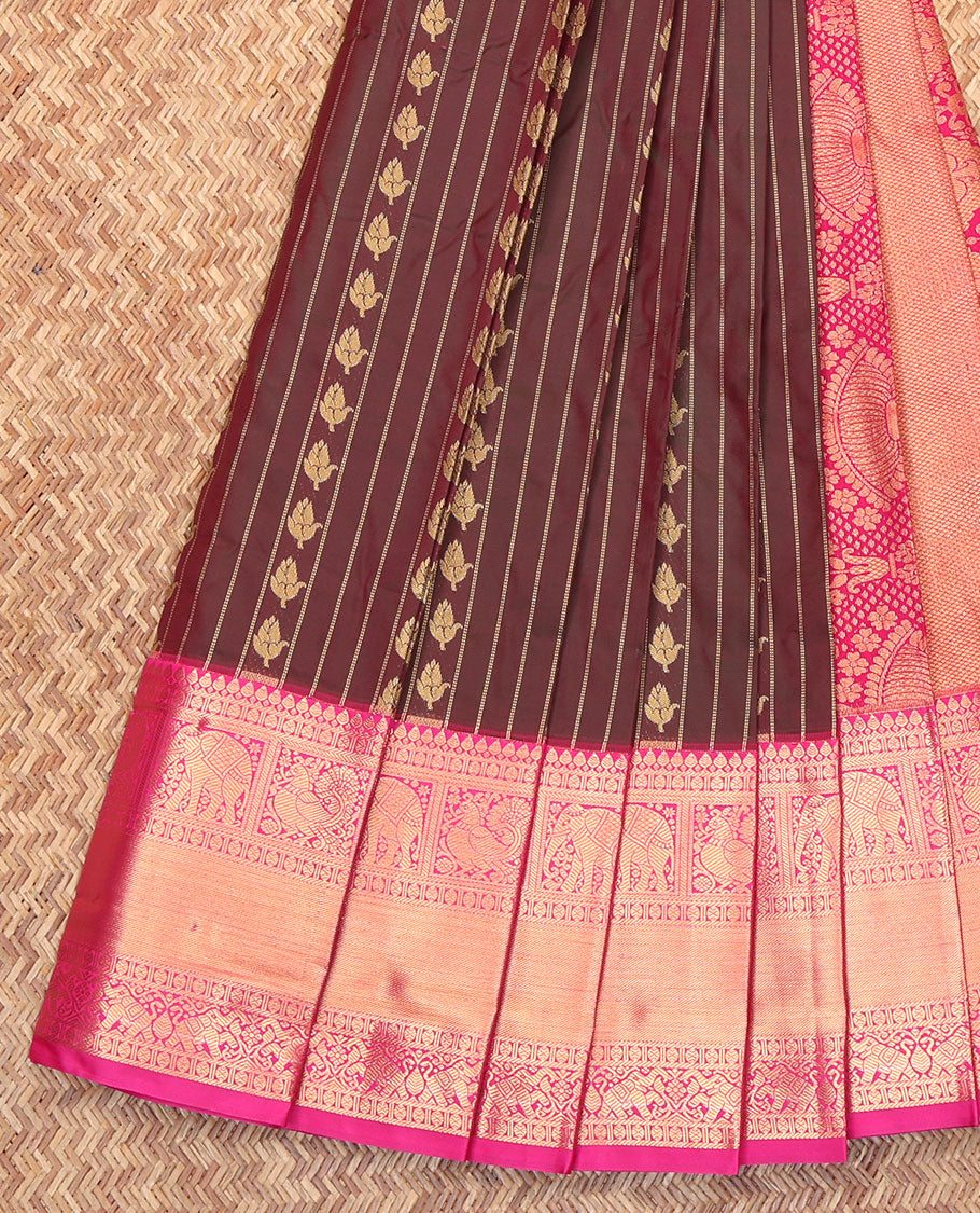 Maroon Budget Silk Saree, Adorned with Zari Designs on Its Body, Complemented by Contrast Traditional Zari Design Border, Intricately Designed Pallu, and Paired with a Contrast Blouse