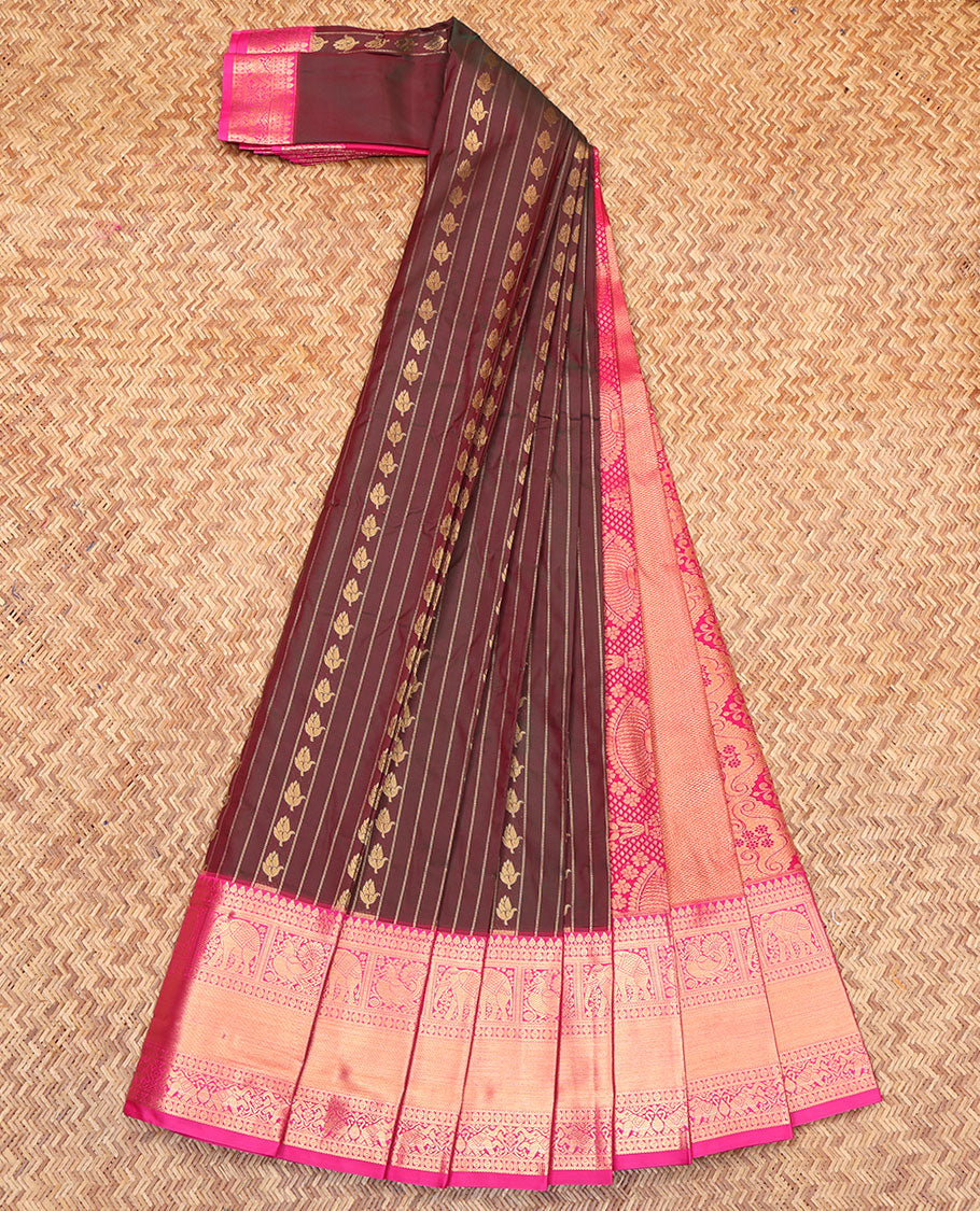 Maroon Budget Silk Saree, Adorned with Zari Designs on Its Body, Complemented by Contrast Traditional Zari Design Border, Intricately Designed Pallu, and Paired with a Contrast Blouse