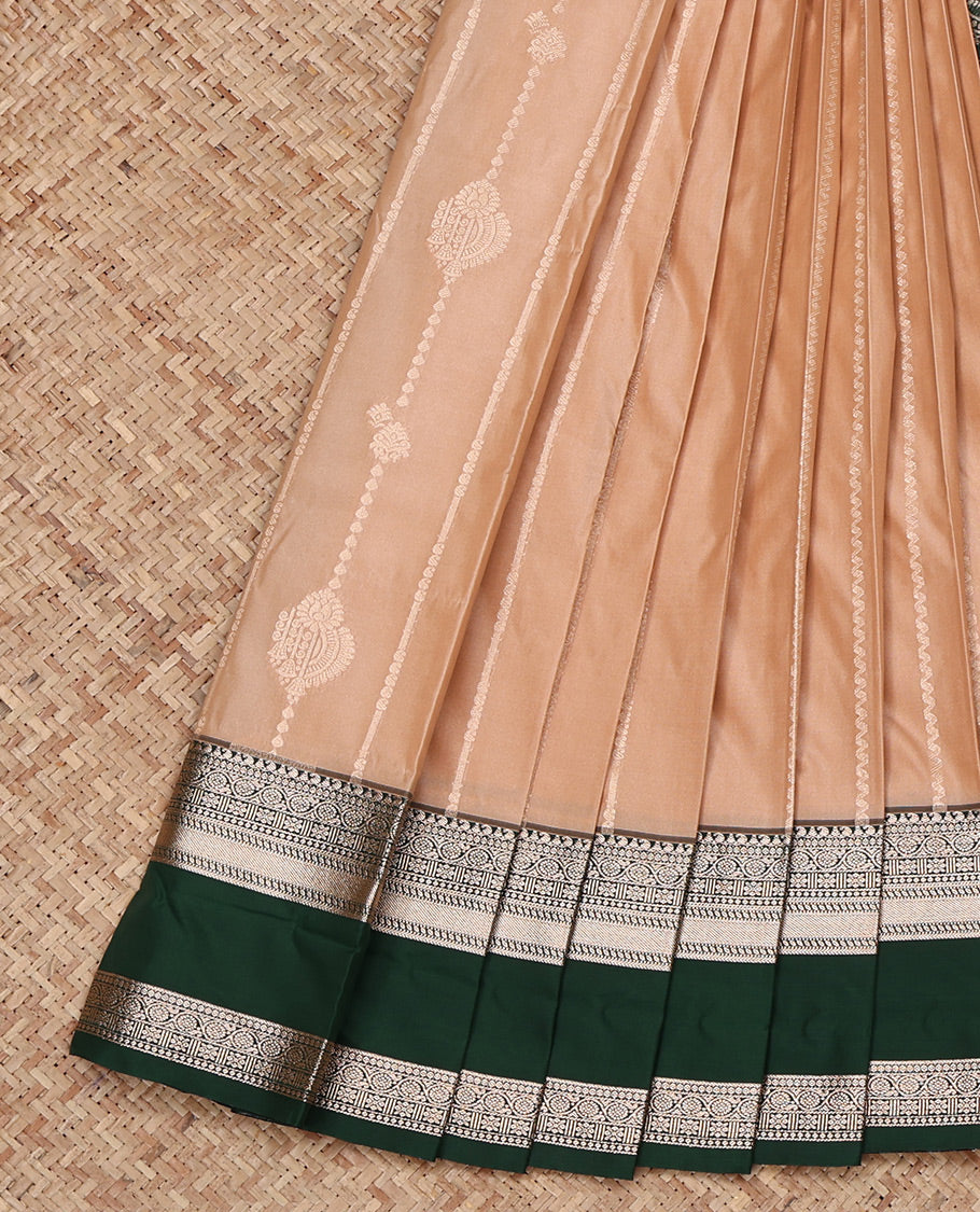 Fawn Brown Budget Silk Saree, Accentuated with Zari Buttas All Over Its Body, Complemented by a Contrast Traditional Zari Design Rettai Pettu Border, Intricate Pallu, and Paired with a Contrast Blouse