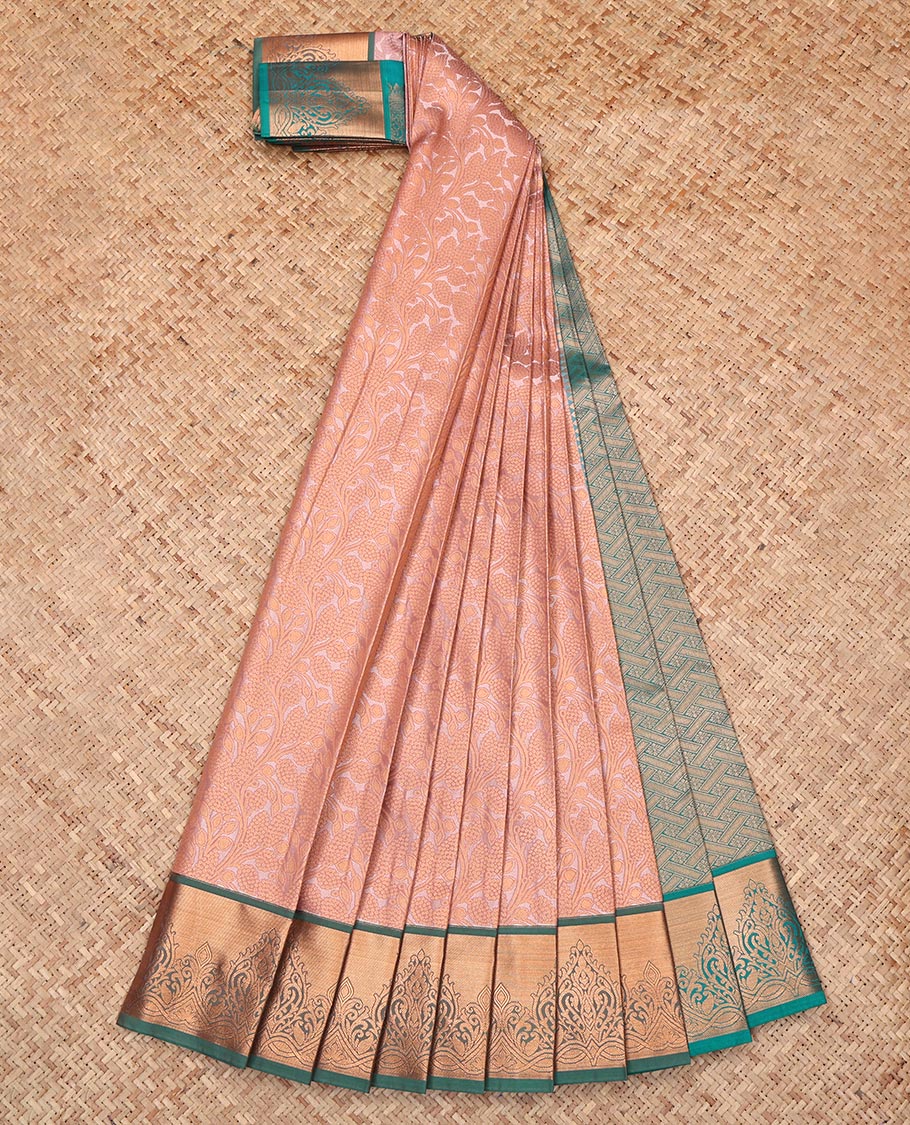 Peach Budget Silk Saree, Adorned with Jacquard Design, Complemented by a Contrast Traditional Border, Grand Pallu, and Contrast Blouse