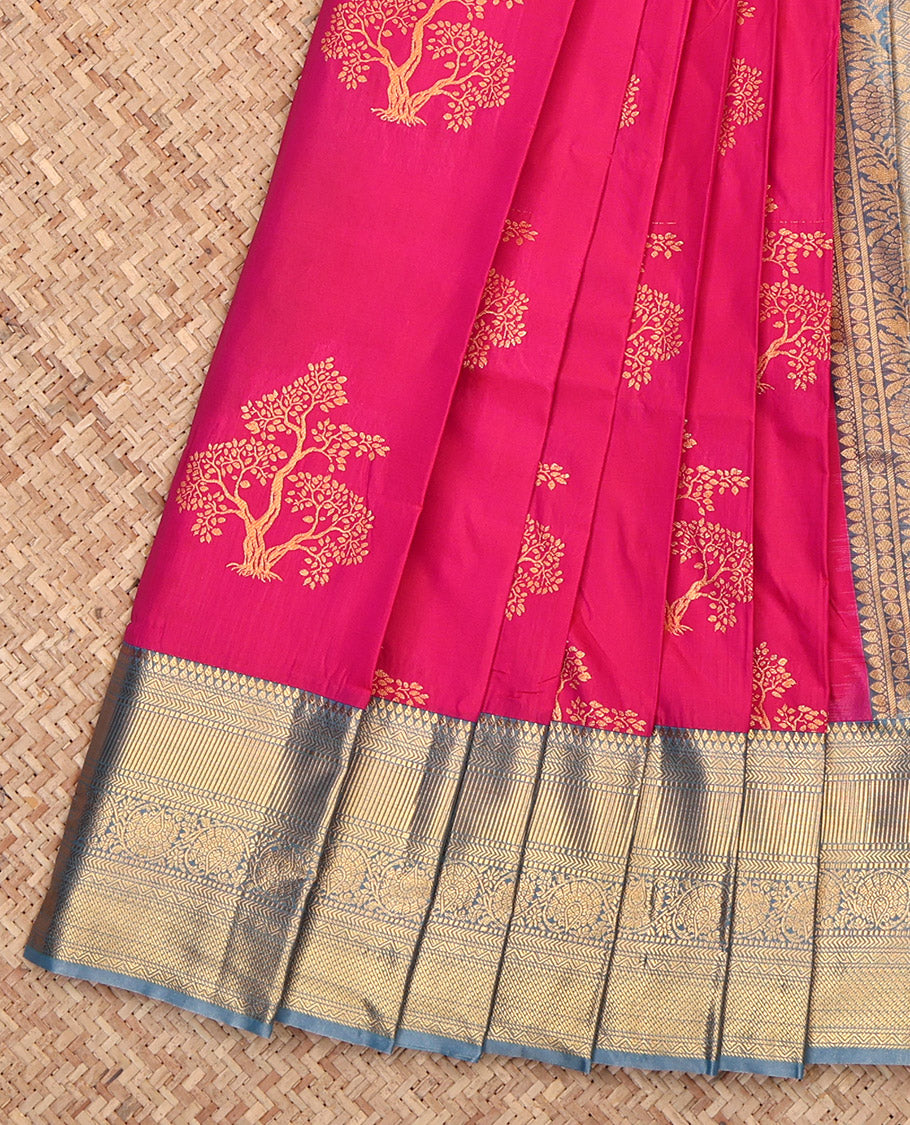 Pink Budget Silk Saree, Detailed with Tree Zari Buttas, Complemented by a Contrast Traditional Border, Grand Pallu, and a Contrast Blouse