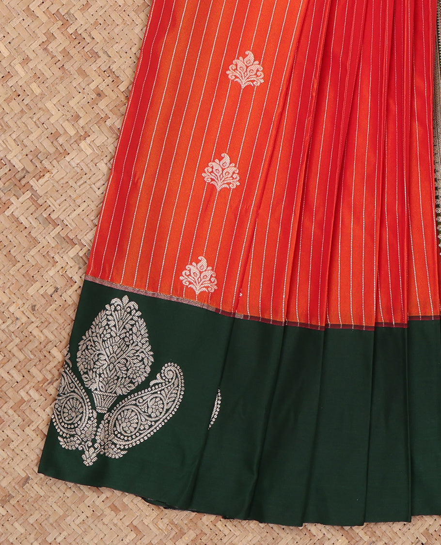 Orange Budget Silk Saree, Uniquely Detailed with Zari Buttas and Stripes, Complemented by a Contrast Zari Motif Border, Intricate Pallu, and a Contrast Blouse