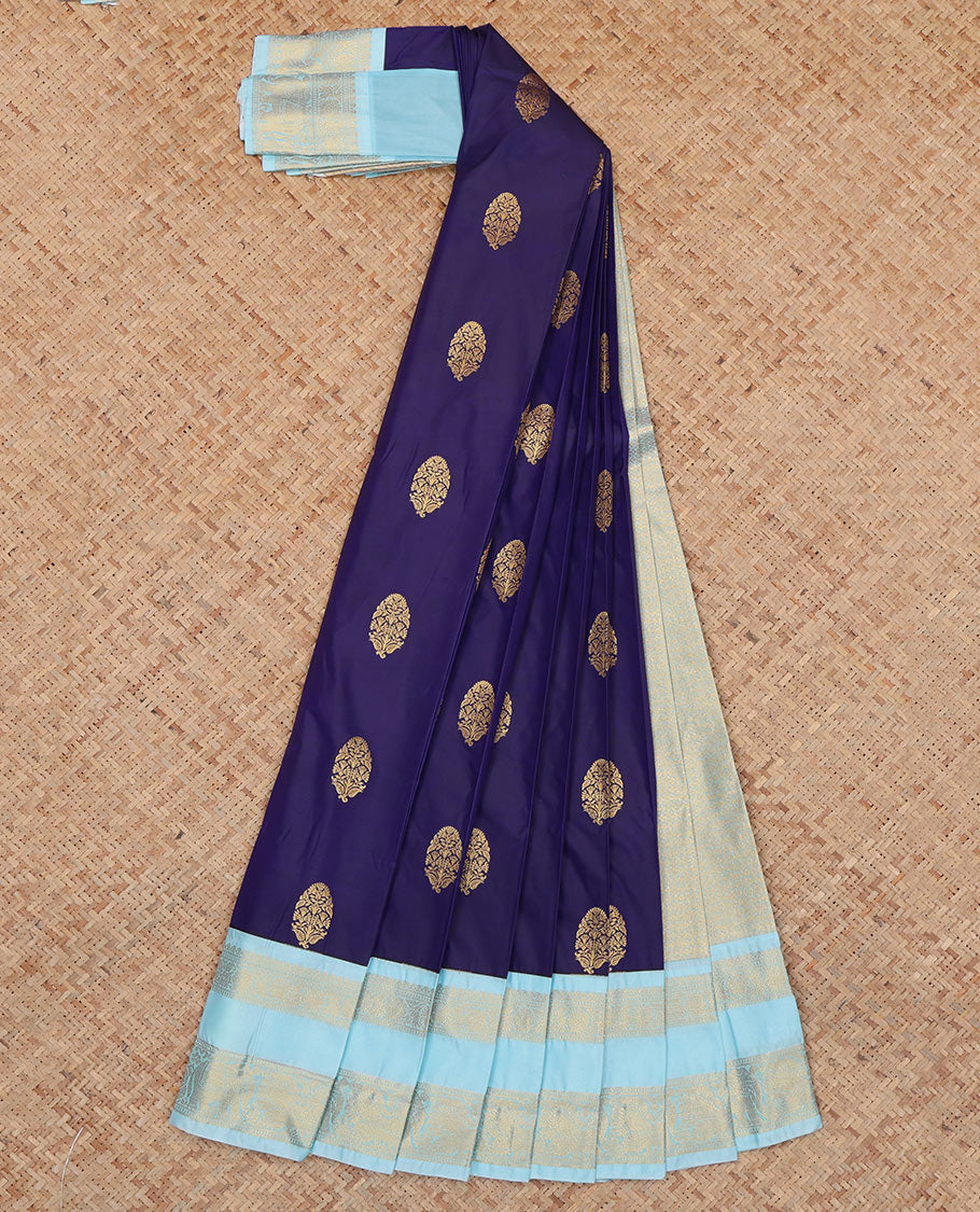Navy Blue Budget Silk Saree, Decorated with Zari Buttas, Complemented by Contrast Traditional Rettai Pettu Border, a Grand Pallu and a Contrast Blouse