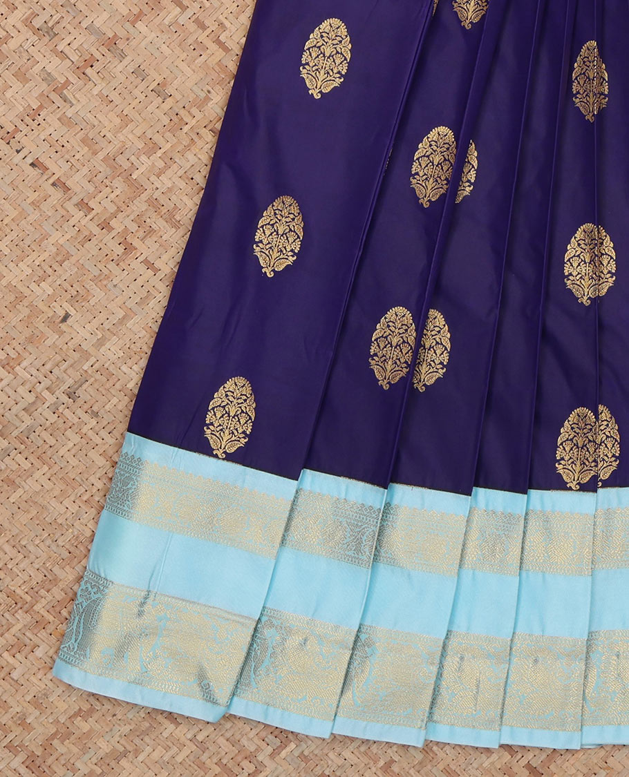 Navy Blue Budget Silk Saree, Decorated with Zari Buttas, Complemented by Contrast Traditional Rettai Pettu Border, a Grand Pallu and a Contrast Blouse