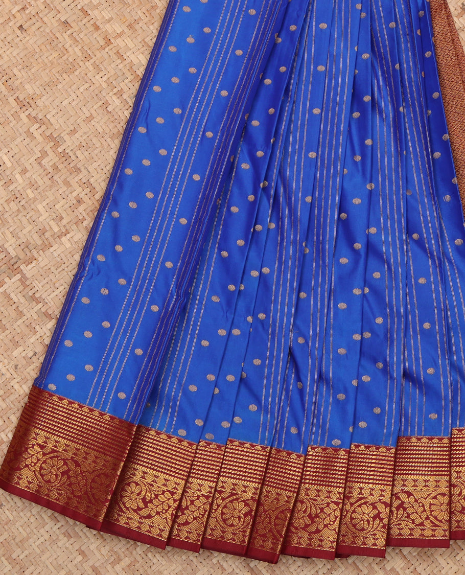 Blue Budget Silk Saree, Opulently Embellished with Zari Buttas and Stripes, a Contrast Traditional Zari Border, Intricate Pallu, and a Contrast Blouse