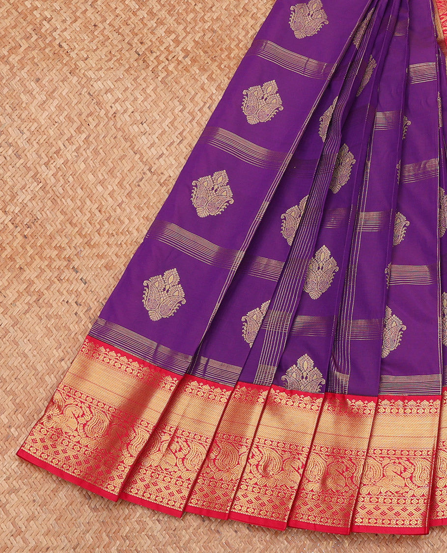 Violet Budget Silk Saree, Elevated with Zari Buttas, Complemented by a Contrast Traditional Zari Border, Grand Pallu, and a Contrast Blouse