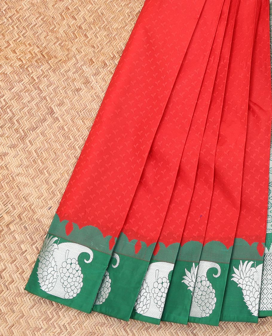 Red Embossed Budget Silk Saree, Complemented by Contrast Fruit Zari Border, a Grand Pallu and a Contrast Blouse