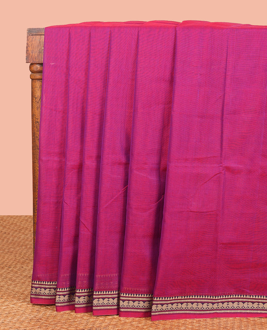 Magenta Plain Narayanpet Cotton Saree, Adorned with Traditional Motifs Thread Woven Border, Subtly Striped Pallu, and Paired with a Matching Blouse