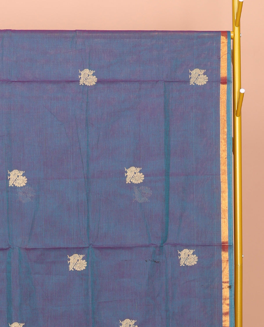 Grey Venkatagiri Cotton Saree, Enriched with Peacock Buttas, a Contrast Zari Border, Pallu of Buttas and Stripes, and No Blouse