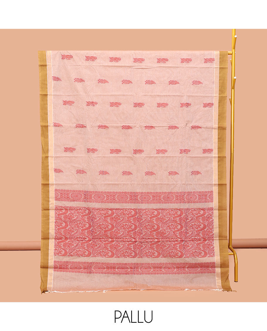 Sandal Kanchi Cotton Saree, Bedecked with Buttas, Complemented by a Contrast Border, Floral Pallu, and a Matching Blouse