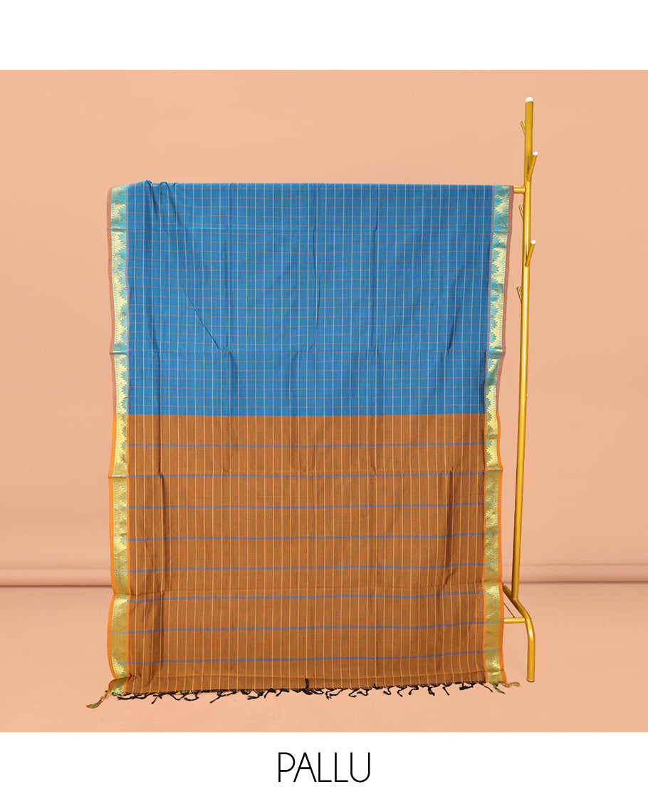 Blue Checked Poly Cotton Saree, Complemented by Contrast Temple Zari Border, Pallu of Stripes, and Paired with a Contrast Blouse