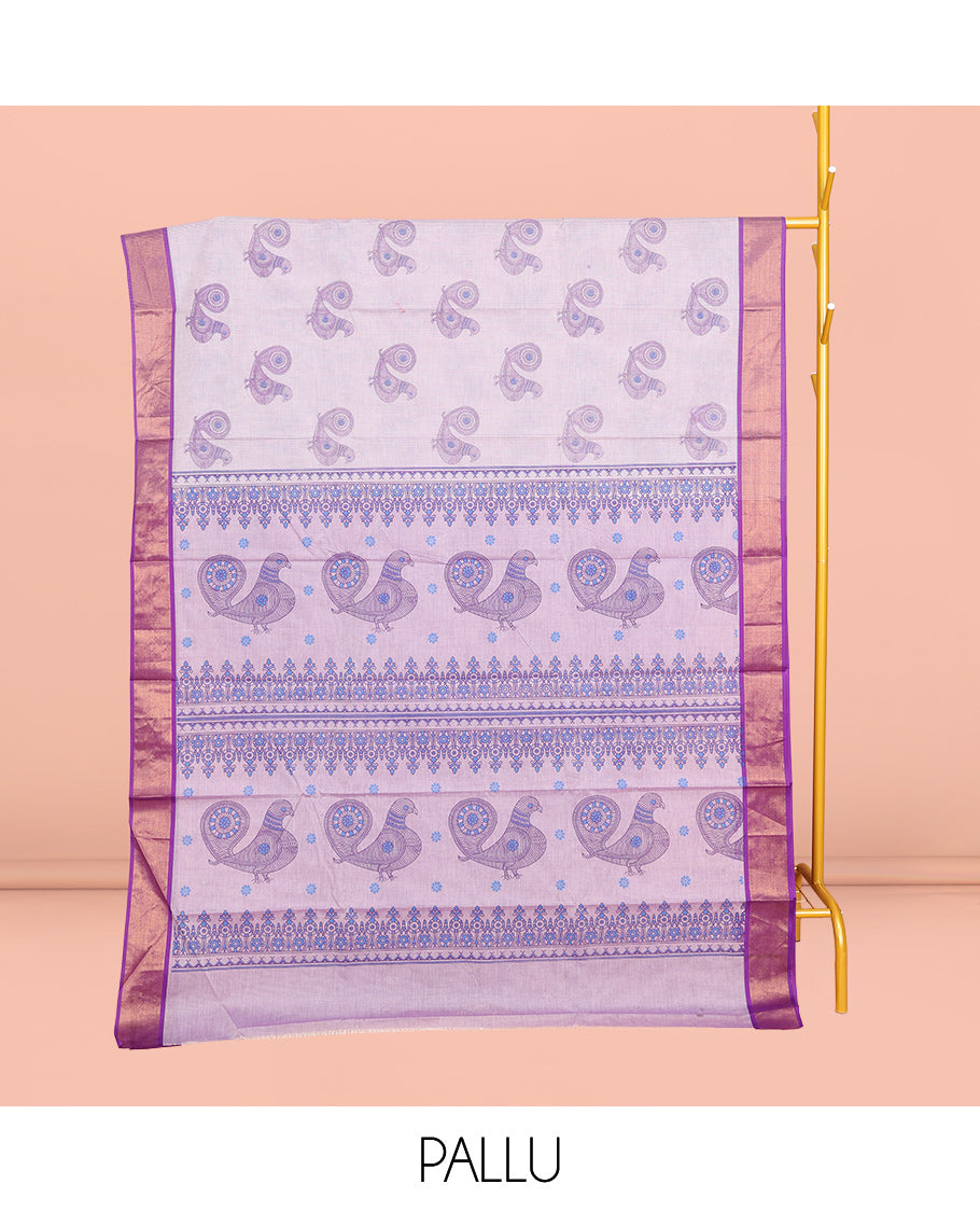 Light Lavender Andhra Cotton Saree, Adorned with Bird Motifs Print, a Contrast Zari Border, a Pallu of Bird-Print, and a Matching Blouse
